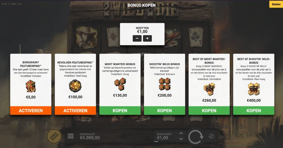 Koop de bonus met de bonus buy feature in 2 Wild 2 Die!