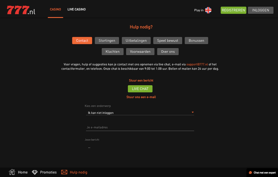 Klantenservice van Casino777 Nederland