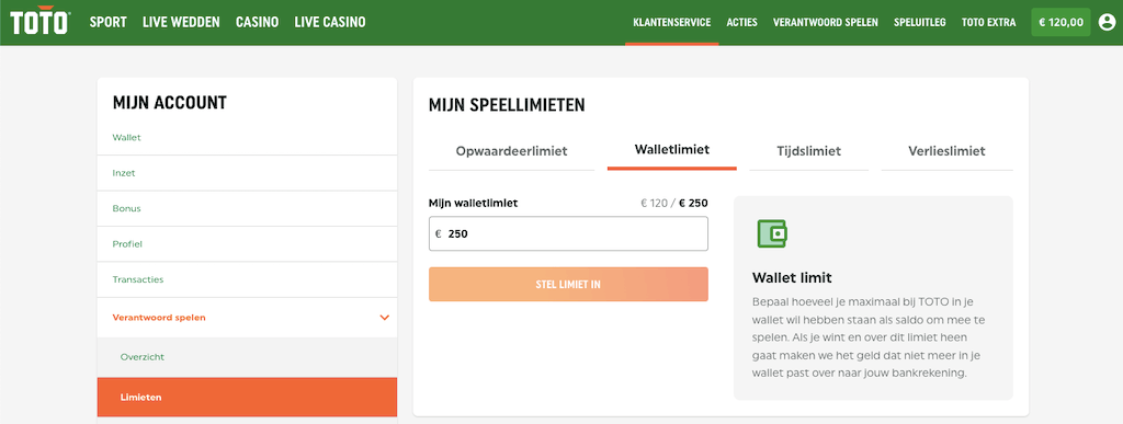 Walletlimiet van TOTO Casino