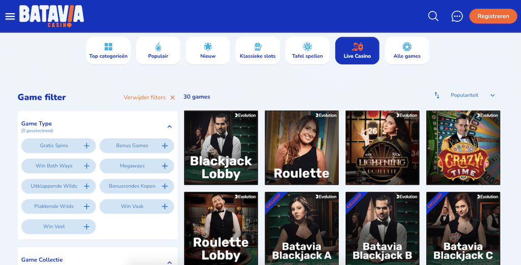 Het live casino van Batavia Casino