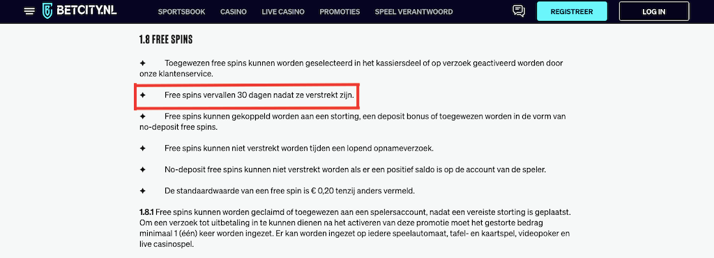 BetCity voorwaarden free spins bij registratie