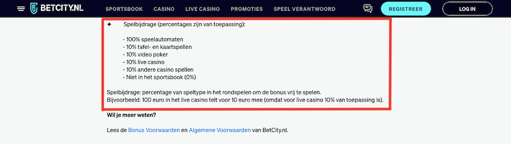 Spelcontributies aan de rondspeelvoorwaarden van de BetCity Welkomstbonus