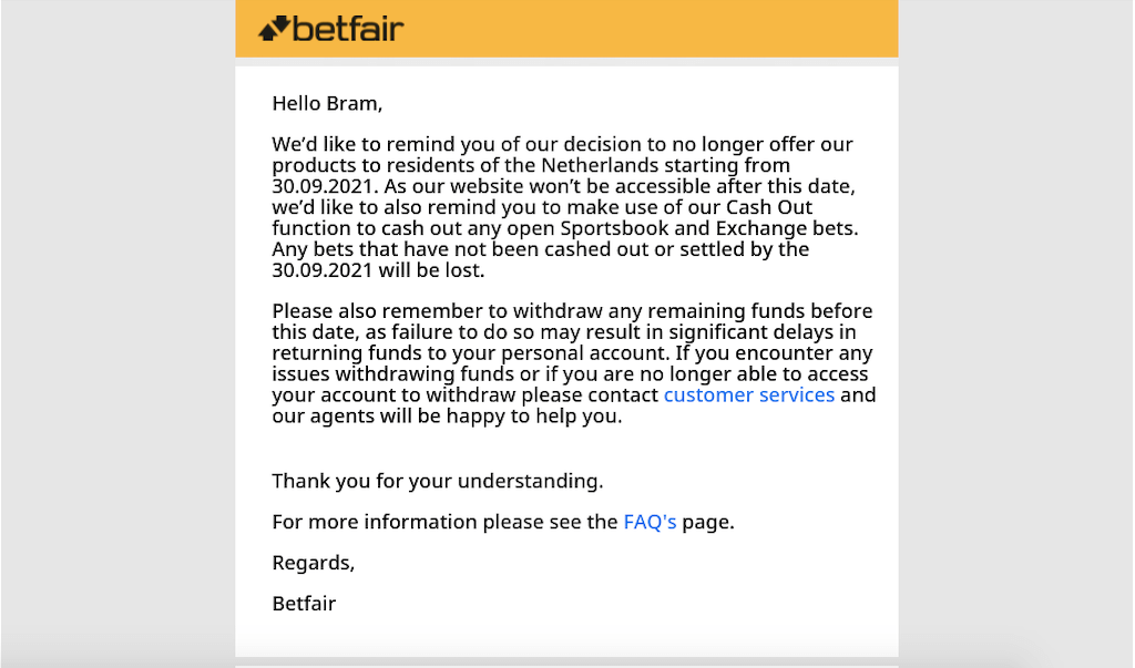 Betfair sluit deuren voor Nederlanders