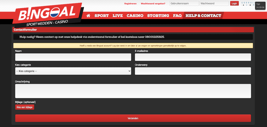 Het contactformulier van Bingoal casino