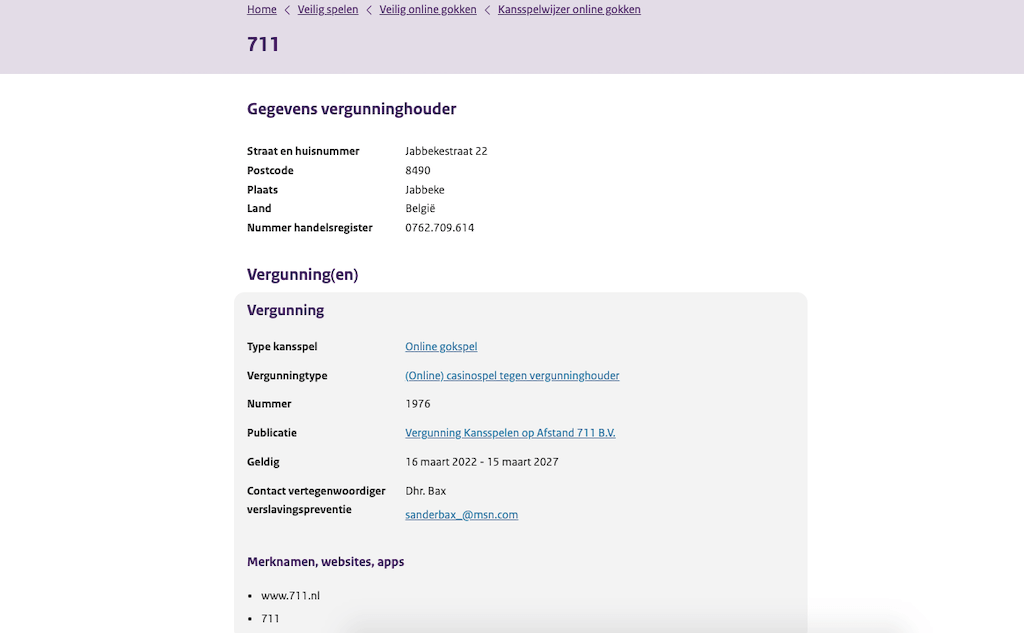 Nederlandse kansspelvergunning van 711