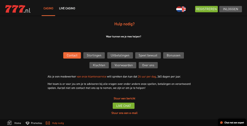 Klantenservice van Casino777 Nederland