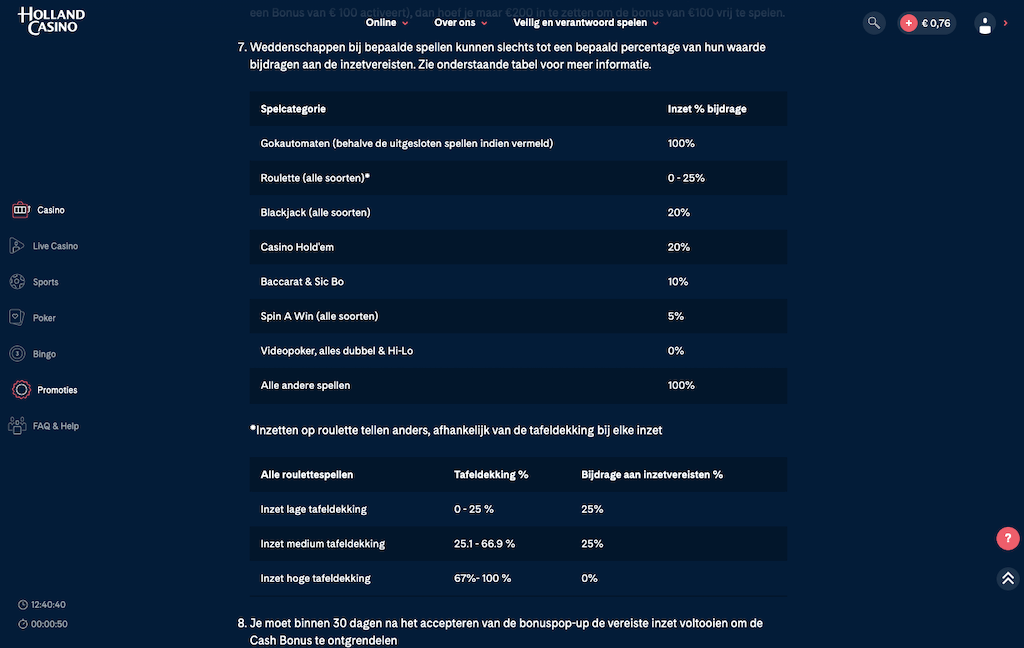 Spelbijdrage aan de wagering requirements bij Holland Casino