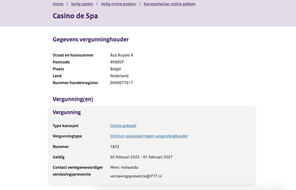 Nederlandse kansspelvergunning van Casino777