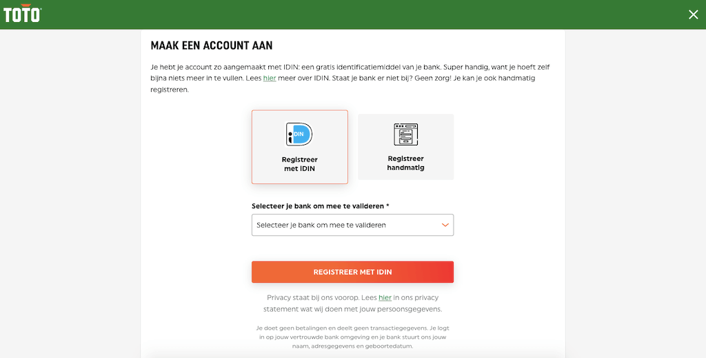 TOTO account aanmaken