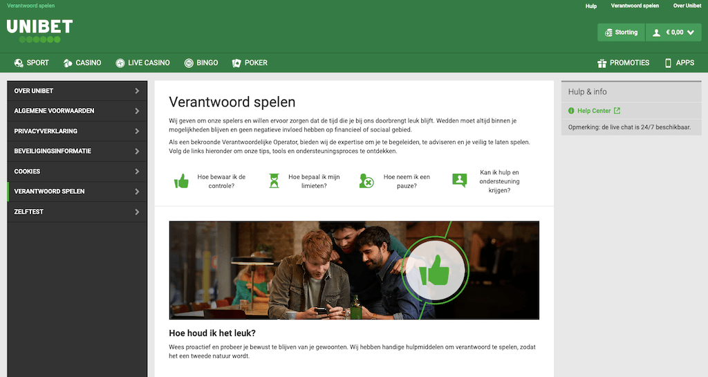 Verantwoord spelen pagina van Unibet Nederland